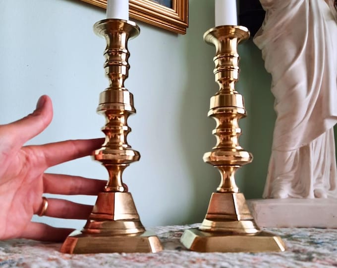 Large and Chunky Pair Of  RARE Victorian Brass Candlesticks Holders Pair H 8.7''