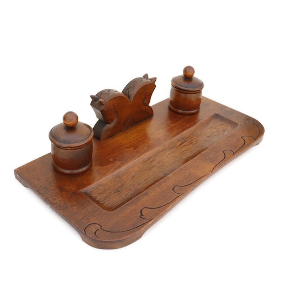 Antique Art Deco Wooden Carved Horses Inkwell Office Decor, Art Deco Gift For Office.