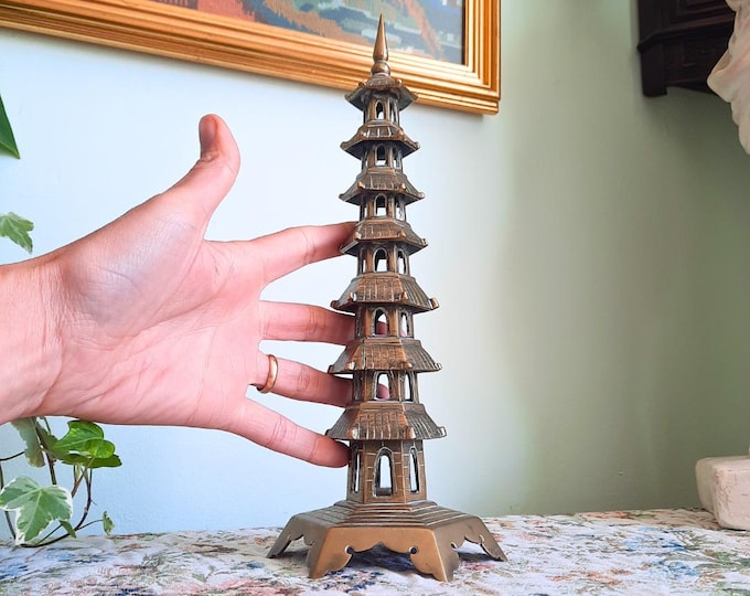 Mid century Brass Chinese Ceramic Pagoda Ornament H 11.5'' , Chinoiserie Home Decor
