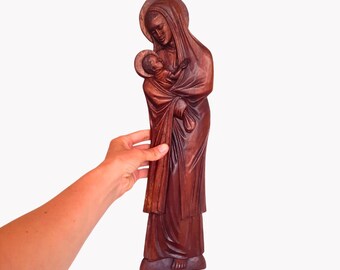Mid Century African Wooden Wall Madonna and Child Plaque H 19.2''