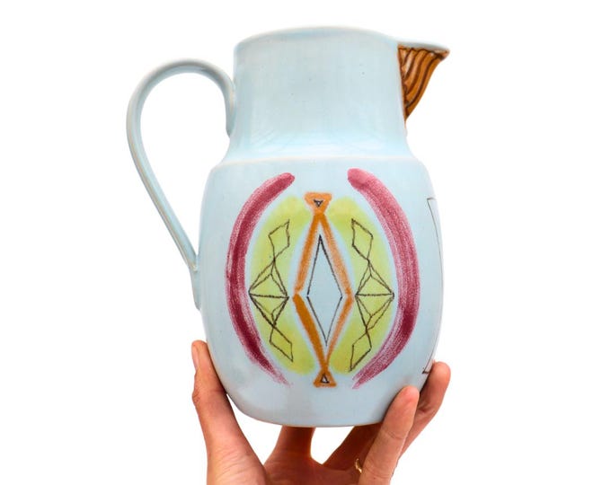 Large Mid Century Scottish Buchan Portobello Pottery Stoneware Jug Pitcher ''Riviera'' Pattern 7.7'' Tall