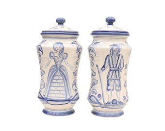 Spanish Hand-Painted Pottery Albarello Jars By De La Cal Barrera Pottery, Spanish Medieval Style Lidded Jars, Ginger Jars Pair