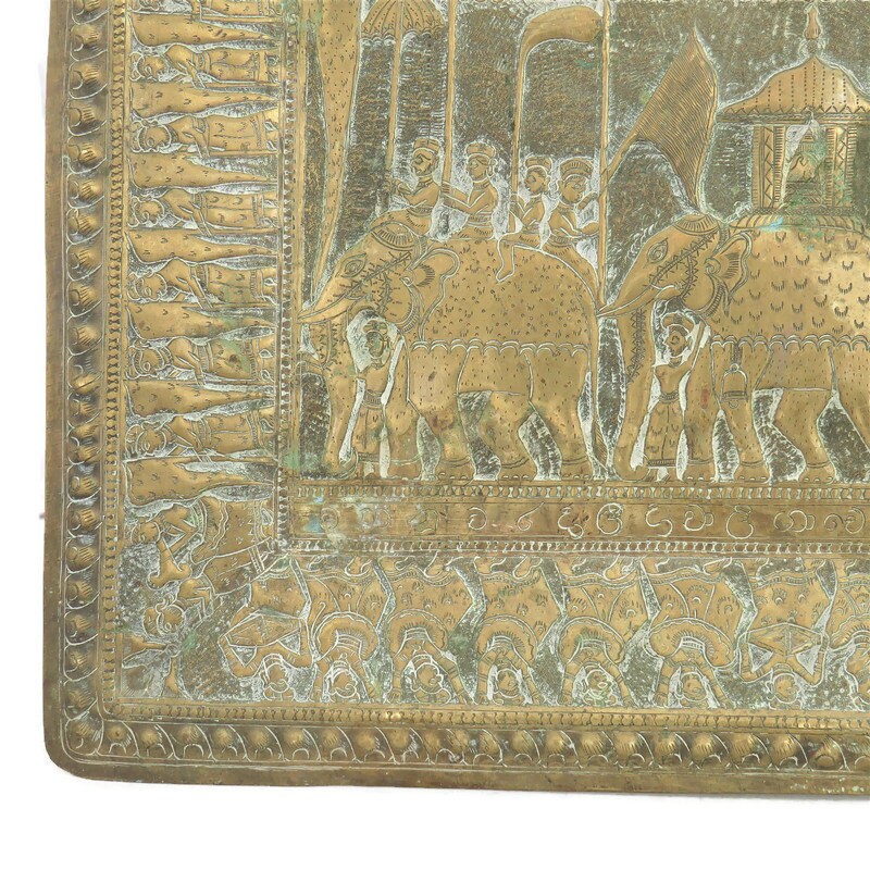 Antique Indian Embossed Brass Wall Plaque with Festival Scenes and