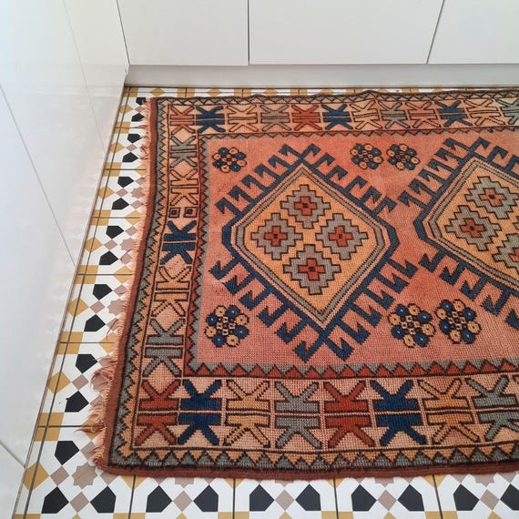 Vintage Turkish Kurdish Wool Rug  Hand-Knotted Tribal Red Blue Area Carpet 80'' by 52''