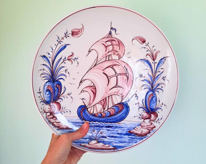 Large Portuguese Pottery Hand Painted Galleon Ship Wall Plate XVII Century Style 12.7 in