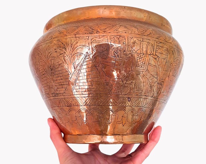 Large Antique Cairo Ware Hand Engraved Pyramids Brass Cachepot Jardiniere H 7.2''  approx.