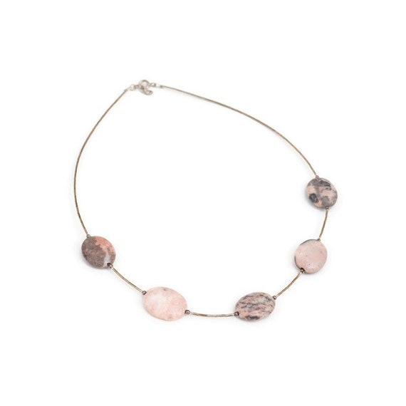 Silver Tube Beads and Rhodonite Cabochons Necklace/Silver Bugle beads Necklace/Rhodonite Cabochon Necklace/Boho Necklace/Wedding Necklace