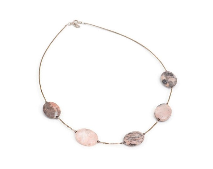 Silver Tube Beads and Rhodonite Cabochons Necklace/Silver Bugle beads Necklace/Rhodonite Cabochon Necklace/Boho Necklace/Wedding Necklace