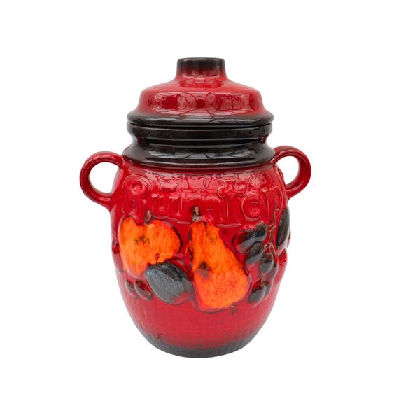 Mid Century German Scheurich 820-28 Red Rumtopf Lidded Jar 11.5 '' High In Very Good Condition And Original Leaflet
