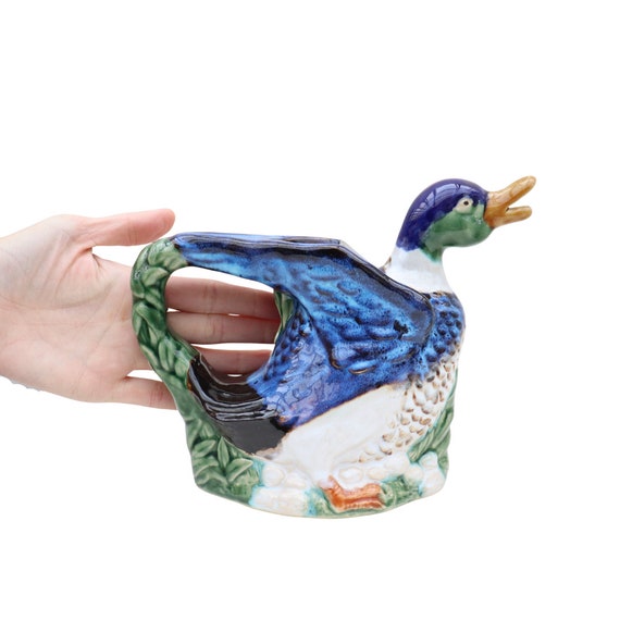 Vintage French Maiolica Mallard Duck Jug Vase, French Home Decor, Bird Vase