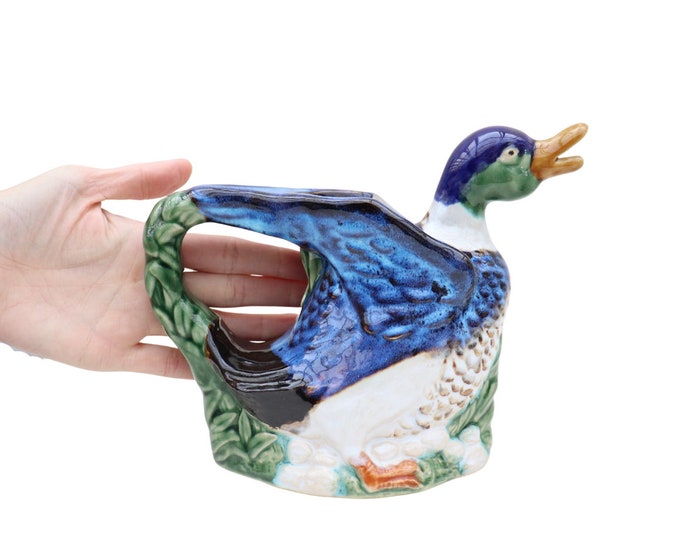 Vintage French Maiolica Mallard Duck Jug Vase: 1940s Bird Decor