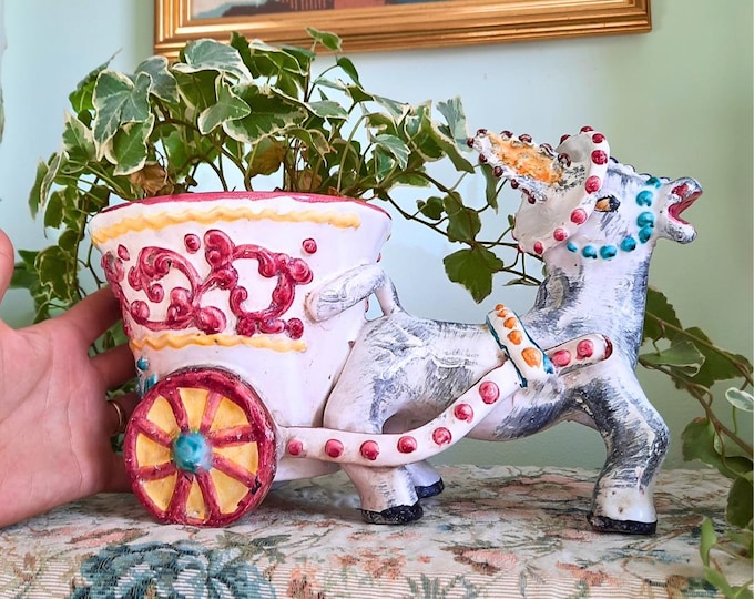 Large Mid Century Fratelli Fanciullacci Italian Pottery Donkey Cart Planter 12.5 In Long