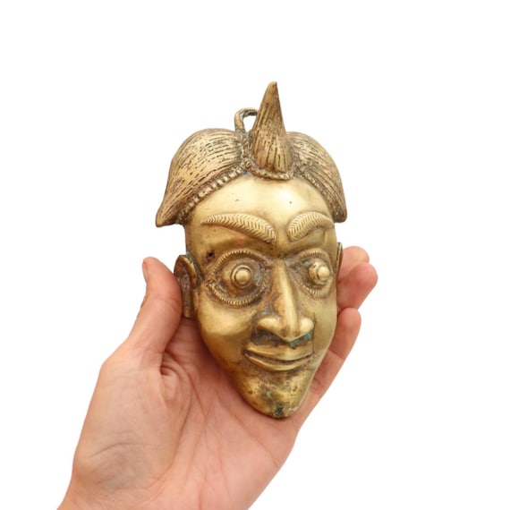 Mid Century African Benin Brass Wall Decor Mask Nigerian Metalwork H 6.2''