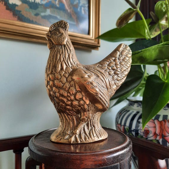 Mid Century Brass Chicken Figurine Ornament, Brass Bird Decor 5.5 In High