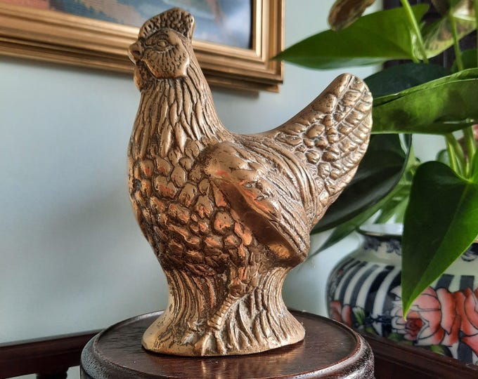 Mid Century Brass Chicken Figurine Ornament, Brass Bird Decor 5.5 In High