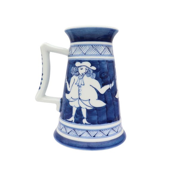 Arita Blue and White Japanese Porcelain Beer Mug With Hand Painted Dutch Characters, Hizen Unusual Beer Mug