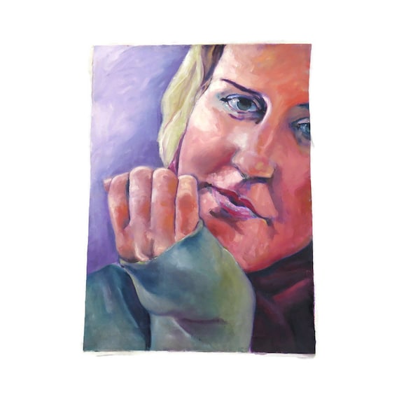Large Expressionist Oil Portrait Painting Of A Lady By Artist Phil Turner H 35''. Unstretched Canvas