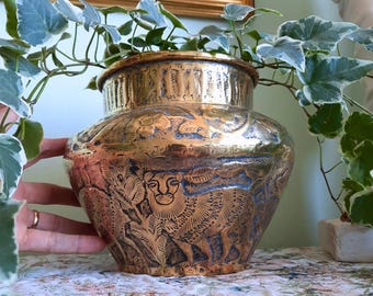 Antique Middle Eastern Mameluke Brass Jardiniere With Embossed Animals