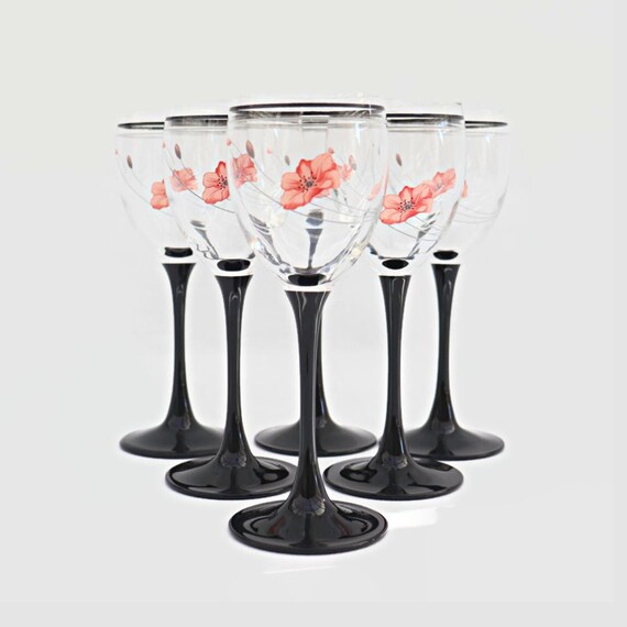 6 Luminarc France wine glasses with black stem and poppies decoration, Vintage 80's French Wine Glasses, Floral Wine Glasses