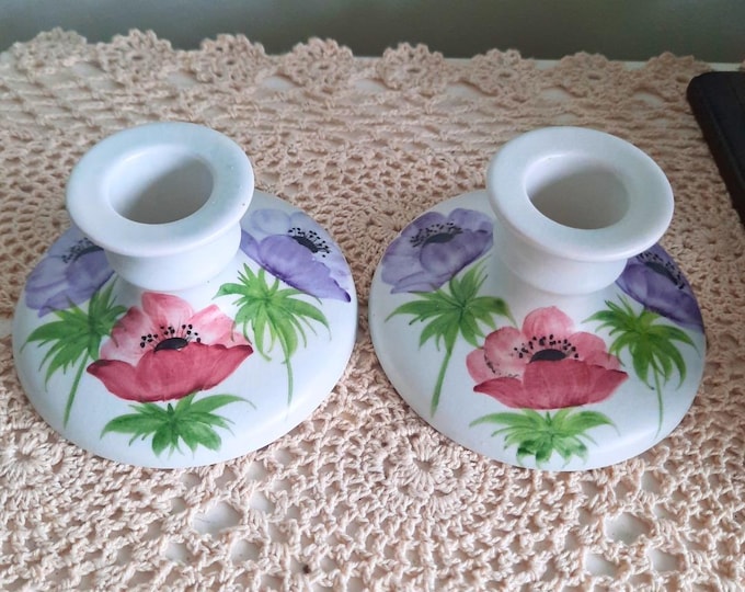 English Art Deco E Radford Ceramic Candleholders Model 223 With Hand-Painted Floral Decoration C 1930's.