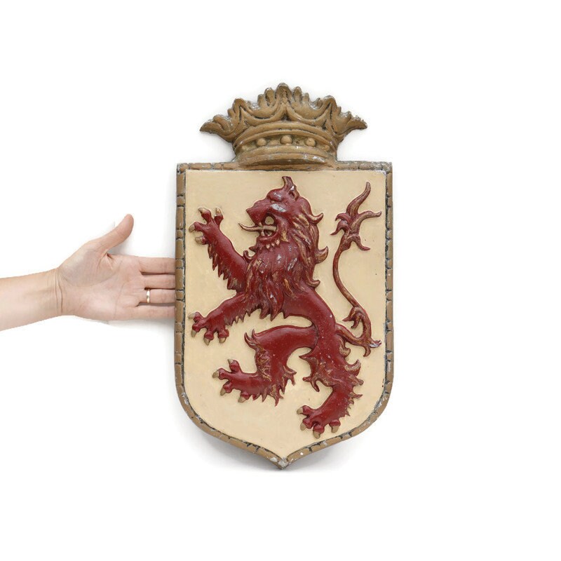 Large Hand Painted Rampant Lion Wall Plaque, Metal Coat of Arms Wall