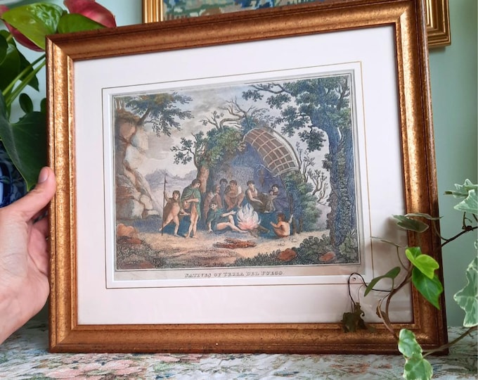 Antique Golden Framed Hand Coloured Copper-plate Engraving on laid paper Of Natives Of Tierra Del Fuego. Exploration Voyages