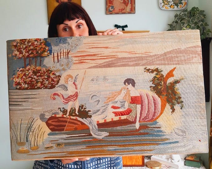 Antique Hungarian Berlin Wool Work Tapestry Depicting Courting Scene With Cupid and Gondola C Mid 1800's.