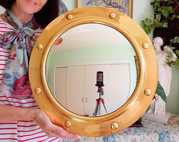Large 50's Brass Round Porthole Wall-Mirror Convex Glass  BY Peerage, Convex Mirror
