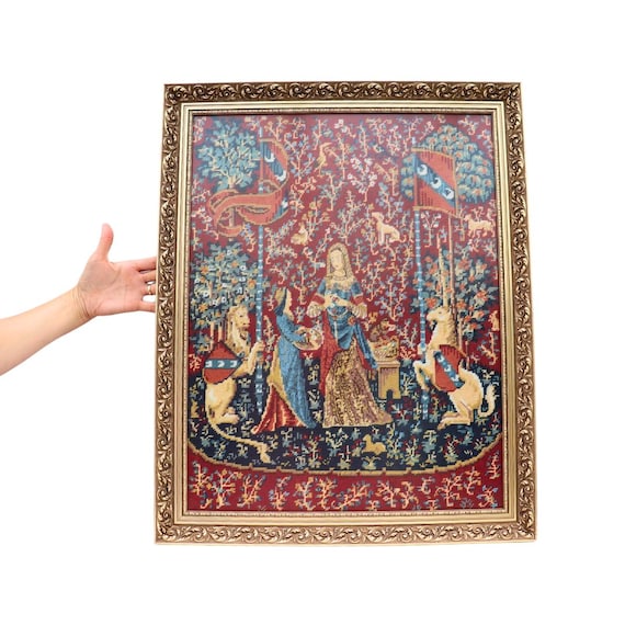 The Lady and the Unicorn Needlepoint in Golden Frame - Medieval Tapestry Art