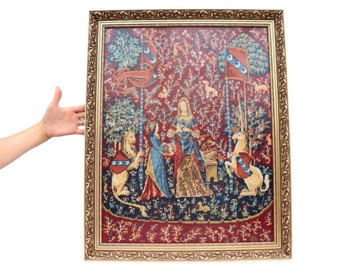 The Lady and the Unicorn Needlepoint in Golden Frame - Medieval Tapestry Art