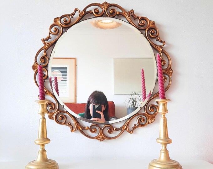 Mid Century Atsonea Giltwood Wall Mirror: Rococo Style, 23'' Round