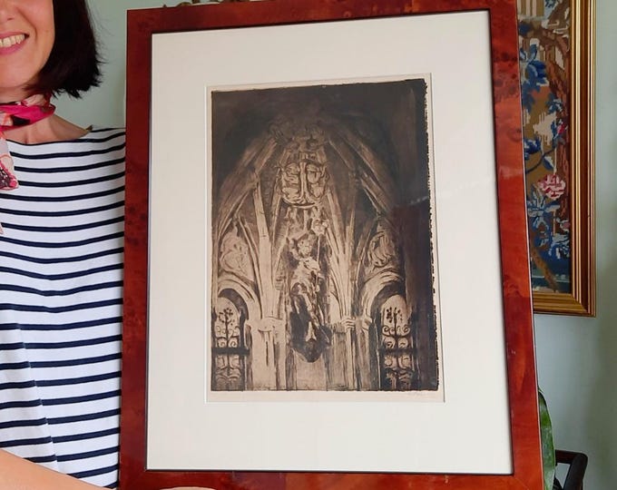 Antique Wooden Framed Authentic Etching Of The Shrine at Edinburgh Castle in Scotland By Robert Smith Forrest