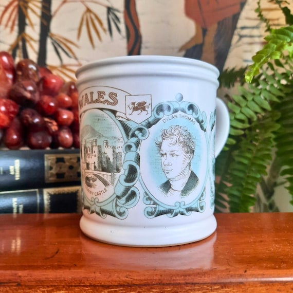 80's Denby Stoneware Wales Mug Excellent Condition Depicting Llandaff Cathedral, Dylan Thomas, Conwy Castle Etc