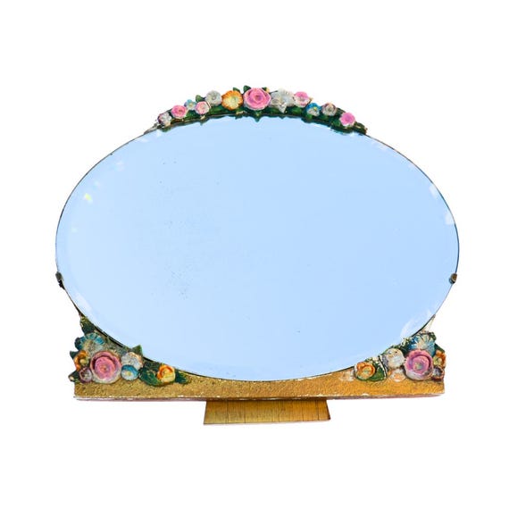 Antique English Barbola 1930's Oval Ornate Table Top Mirror With Floral Decoration
