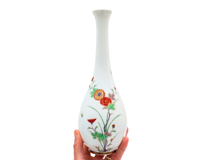 Mid Century Japanese Fukagawa Seiji Porcelain Vase With Hand Painted Floral Decoration 10.7'' High .
