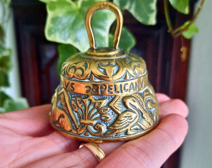 Small Antique English Brass Sanctuary Church Bell Leo Aquila Agnus Pelicanus, Gift for a Teacher