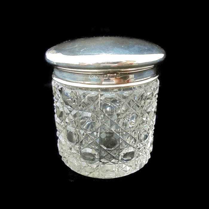 Victorian Silver Topped Glass Dresser Jar .Antique Jar.Antique Cut