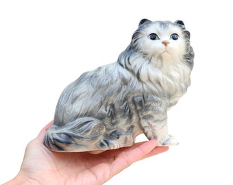 Mid Century Coopercraft Grey White Persian Cat, Retro Ceramic Cat, Cat lover gift