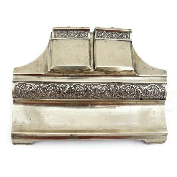 Antique Aesthetic Movement  Brass Inkwell Double Ink Pot .