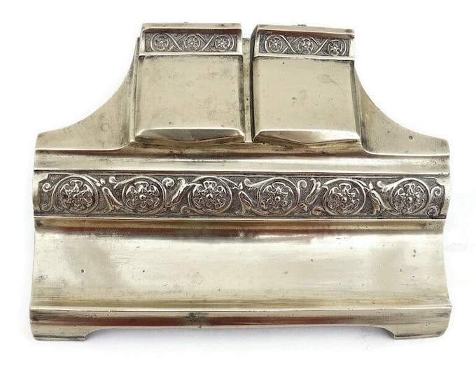 Antique Aesthetic Movement  Brass Inkwell Double Ink Pot .