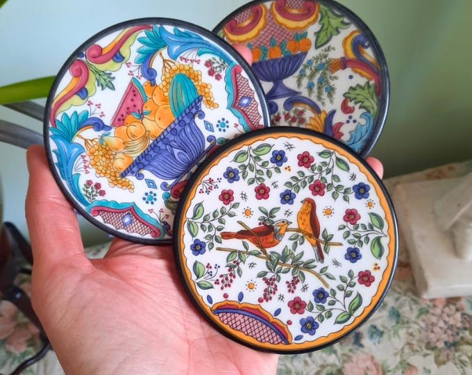 Three Small Spanish Hand Painted Wall Plates With Bird Fruit and Floral Decoration 3.7'' D, Mediterranean Wall Decor