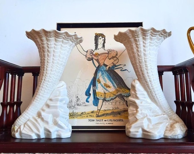 Mid Century Belleek Ireland Cornucopia Bud Vases Pair - Heritage Rock Spill