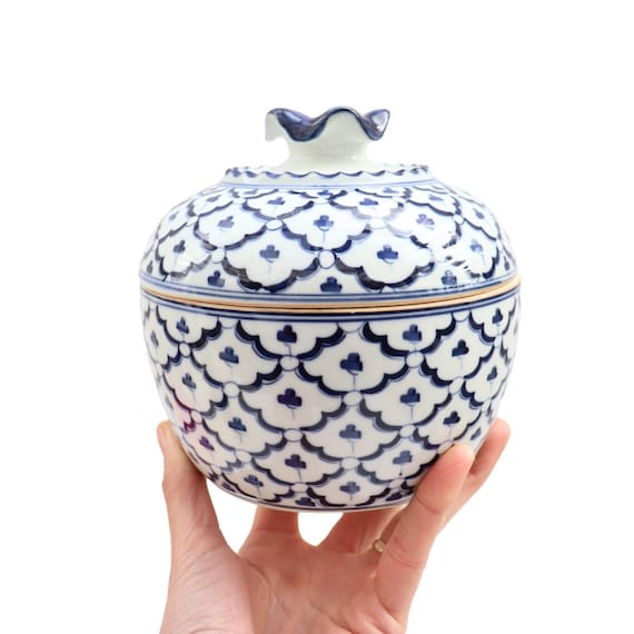 Vintage Ceramic Thai Blue and White Round Lidded Bowl Chinoiserie Lidded Bowl Made In Thailand 6 Inches Tall