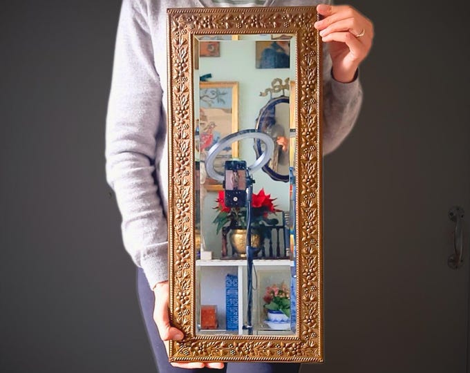 Vintage Long Rectangular Embossed Brass Bevelled Edge Mirror Repousse Floral Decoration C 1940's.