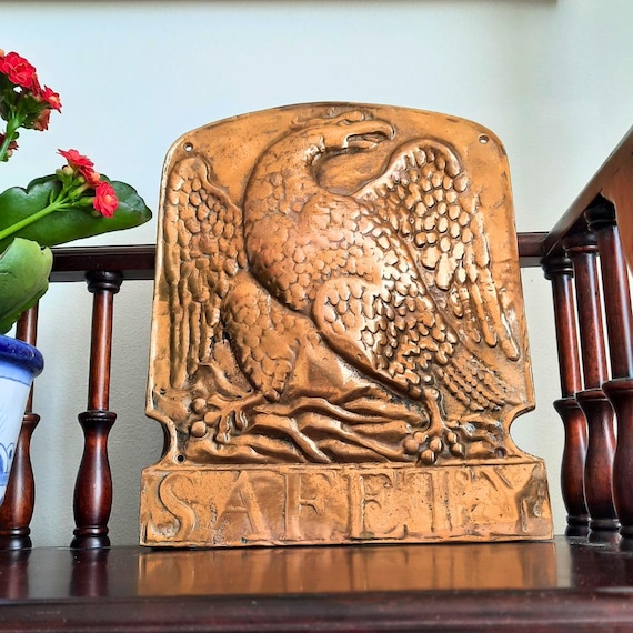 Antique British Brass Fire Insurance Wall Plaque Featuring An Eagle and The Word ''Safety''