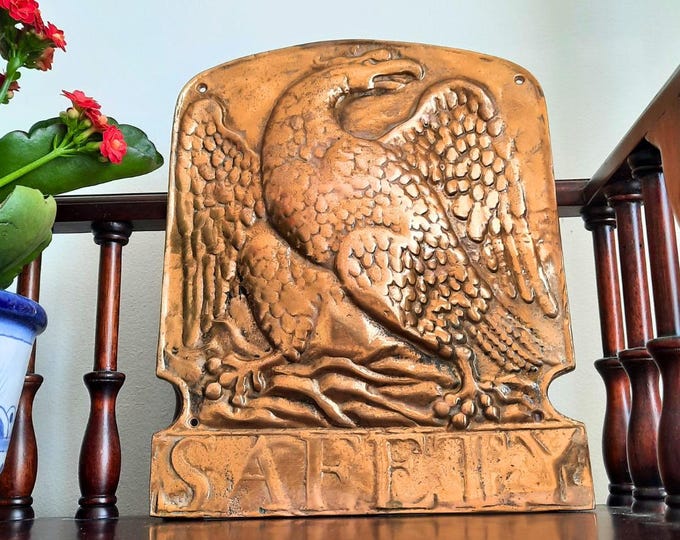 Antique British Brass Fire Insurance Wall Plaque Featuring An Eagle and The Word ''Safety''
