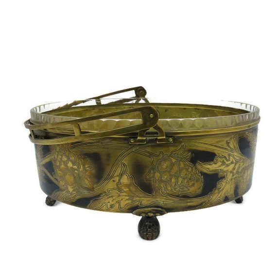 Antique Brass and Cut Glass Bridal Basket -Centrepiece With Engraved Artichokes.