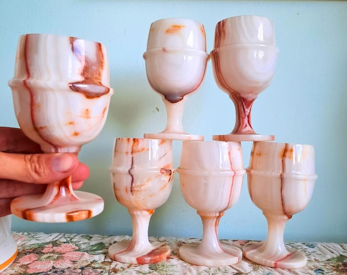 Set of 6 Vintage Onyx Stone Footed Goblets H 5'' Tall