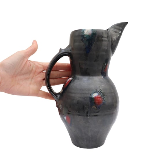 Large Studio Pottery Black Luster and Red Spots Jug, Mid Century Hand-Crafted Jug Probably West Germany