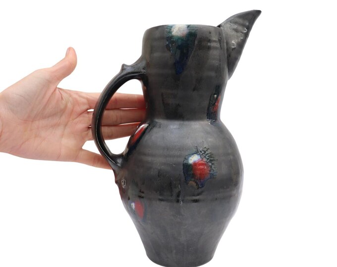 Mid Century Studio Pottery Jug: Black Luster with Red Spots